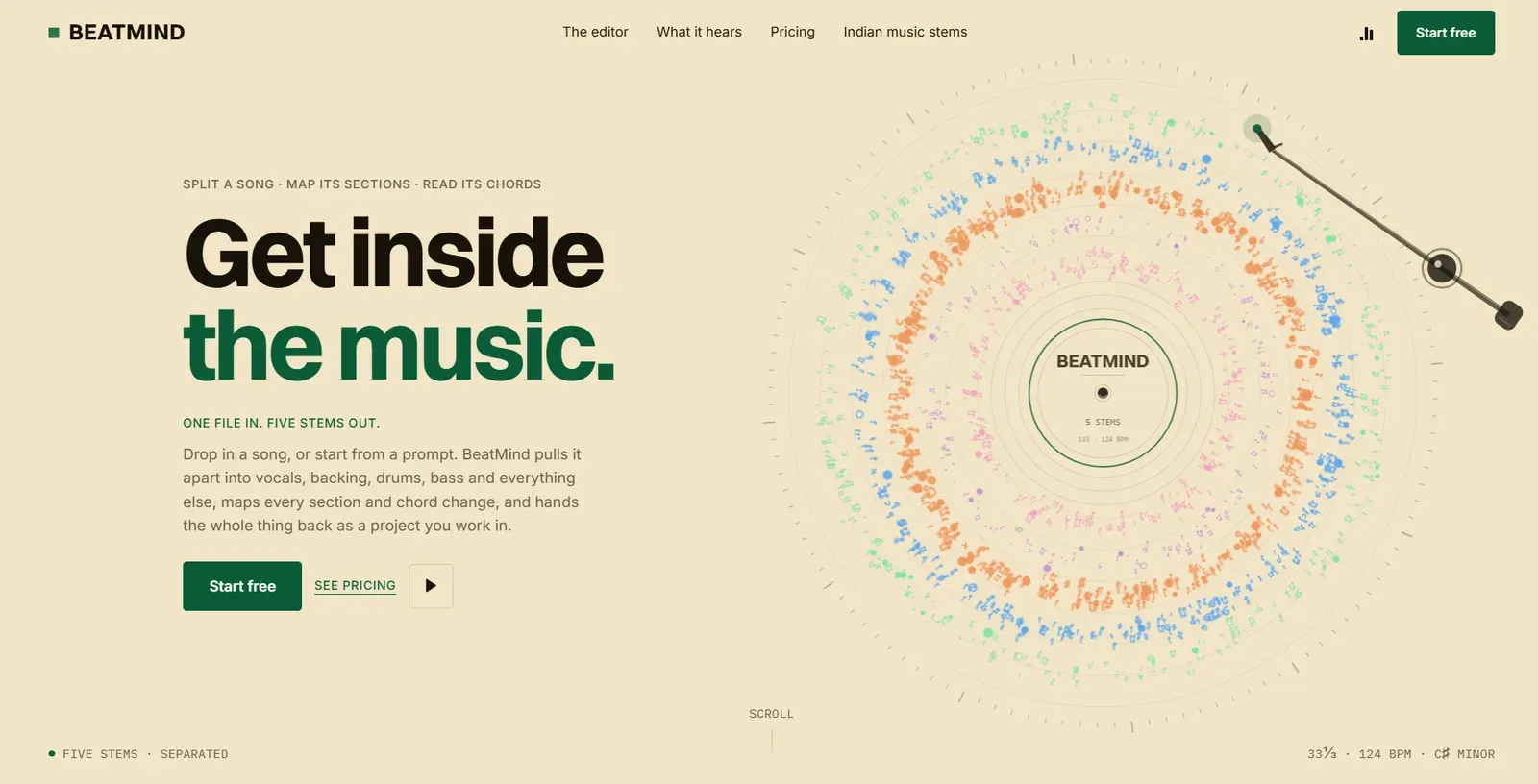 Screenshot of the BeatMind website: the headline “Get inside the music.” beside a vinyl record drawn as rings of coloured notes, one ring for each stem.